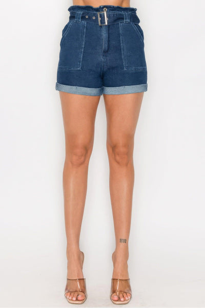 Belted Paperbag Denim Shorts - AMIClubwear