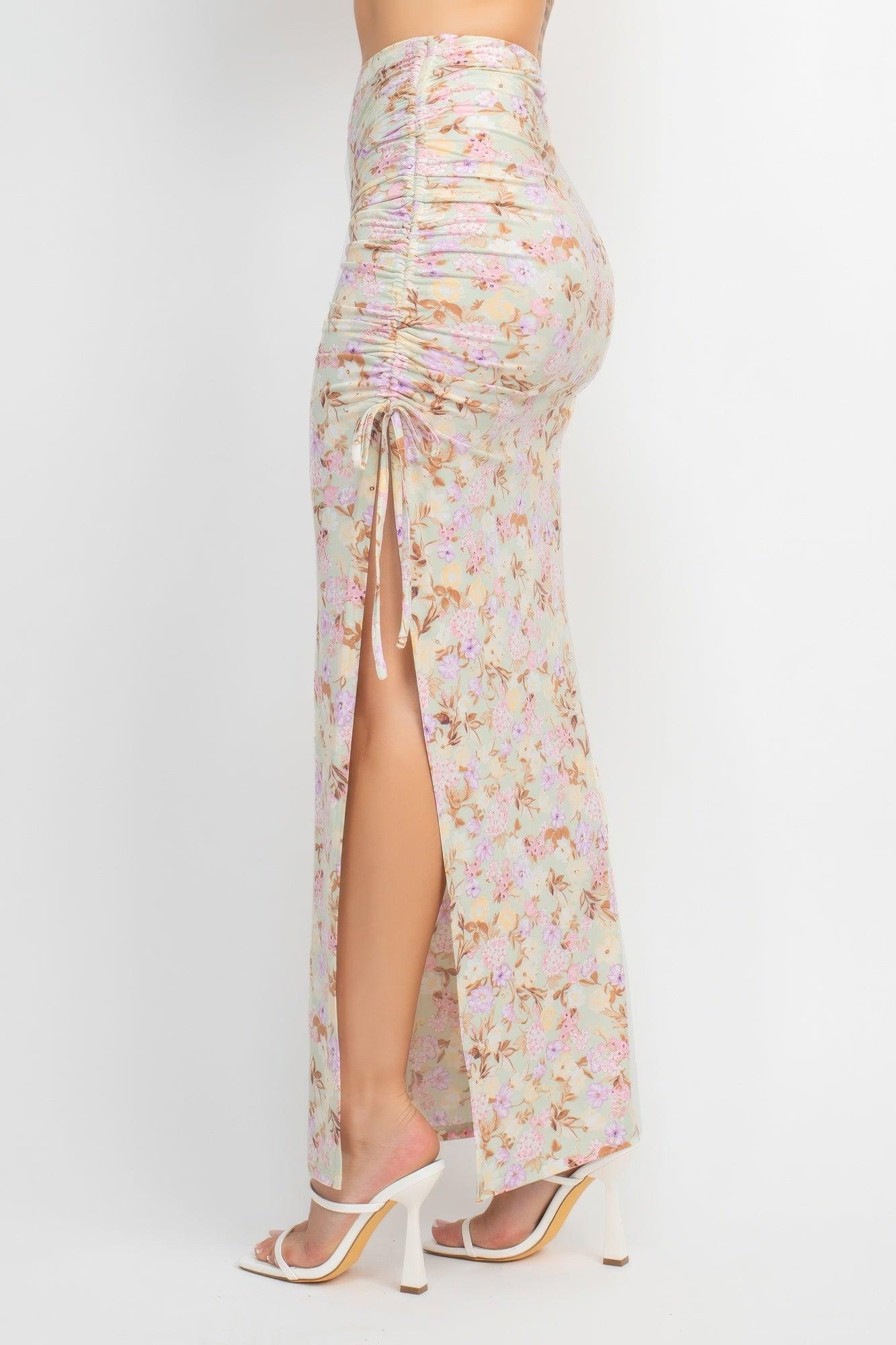 Front Knot Floral Top & Ruched Maxi Skirts Set - AMIClubwear