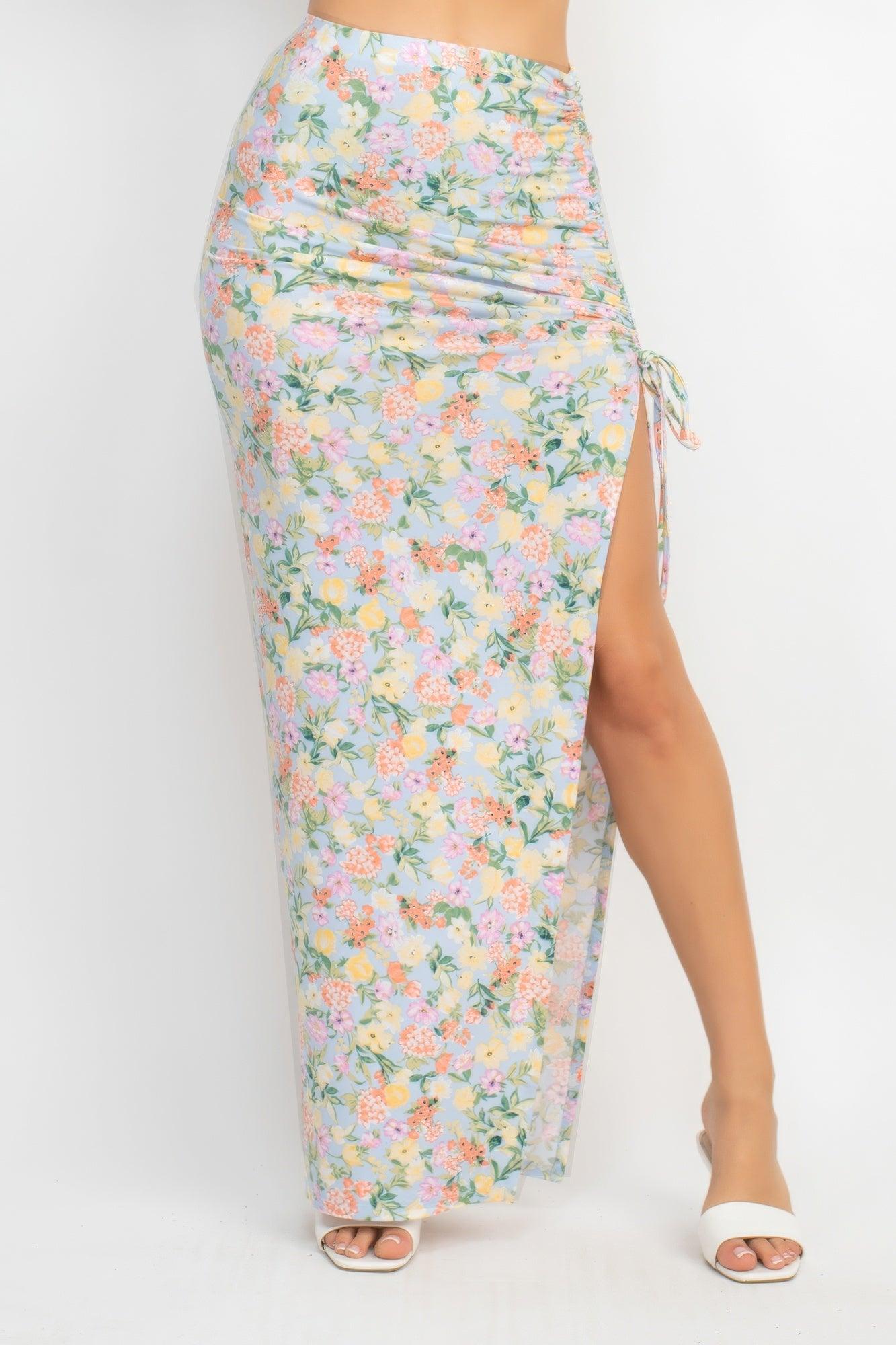 Front Knot Floral Top & Ruched Maxi Skirts Set - AMIClubwear