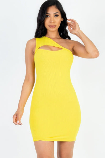 Ribbed One Shoulder Cutout Front Mini Bodycon Dress - AMIClubwear