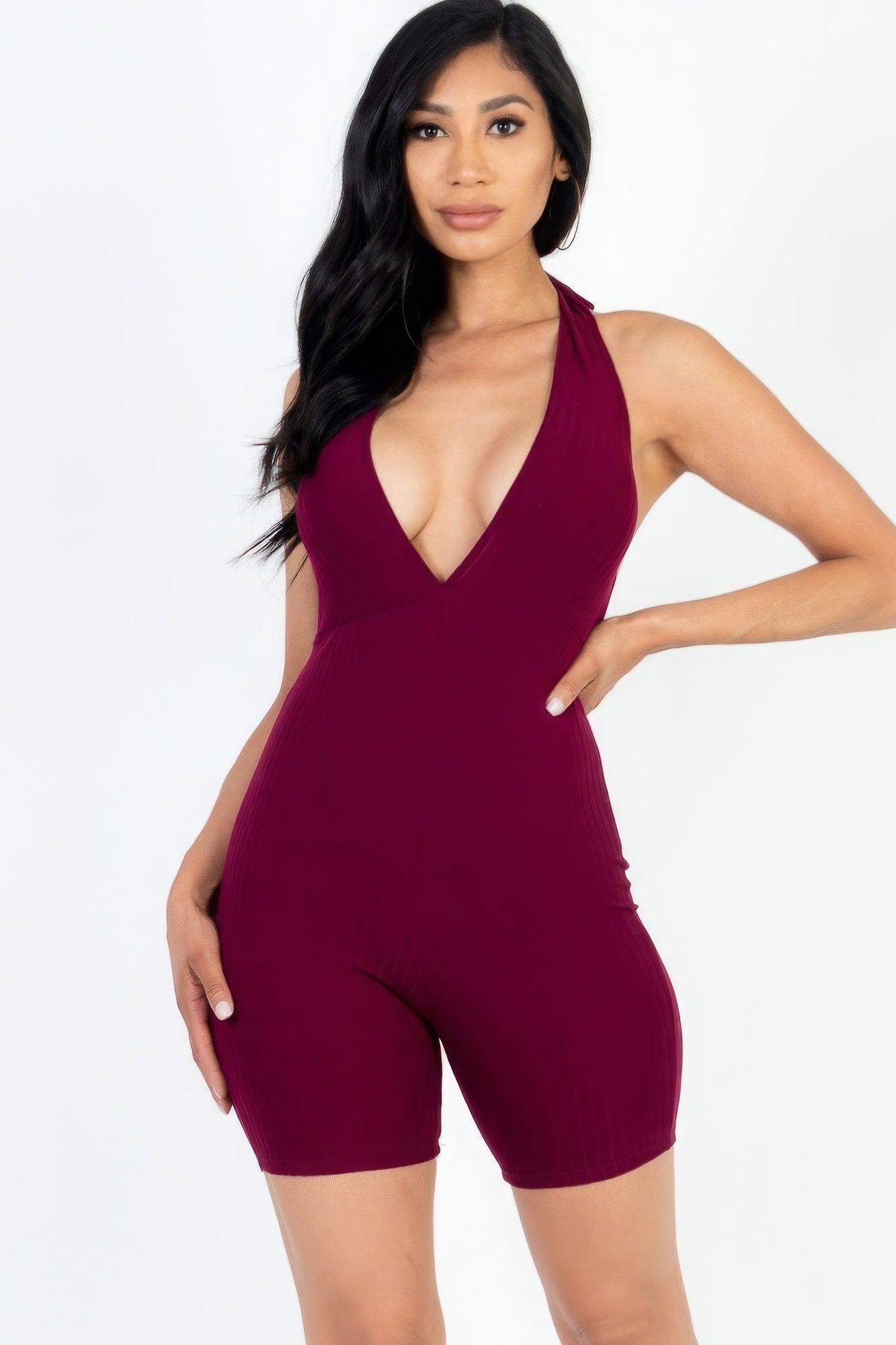 Casual Solid Halter V Neck Ribbed Bodycon Romper - AMIClubwear