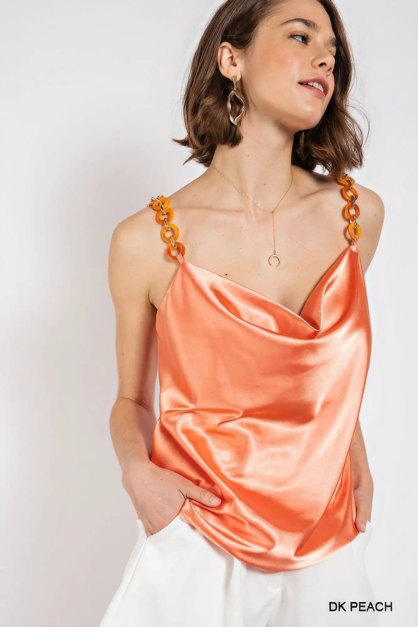 Cowl neck satin camisole with chain strap