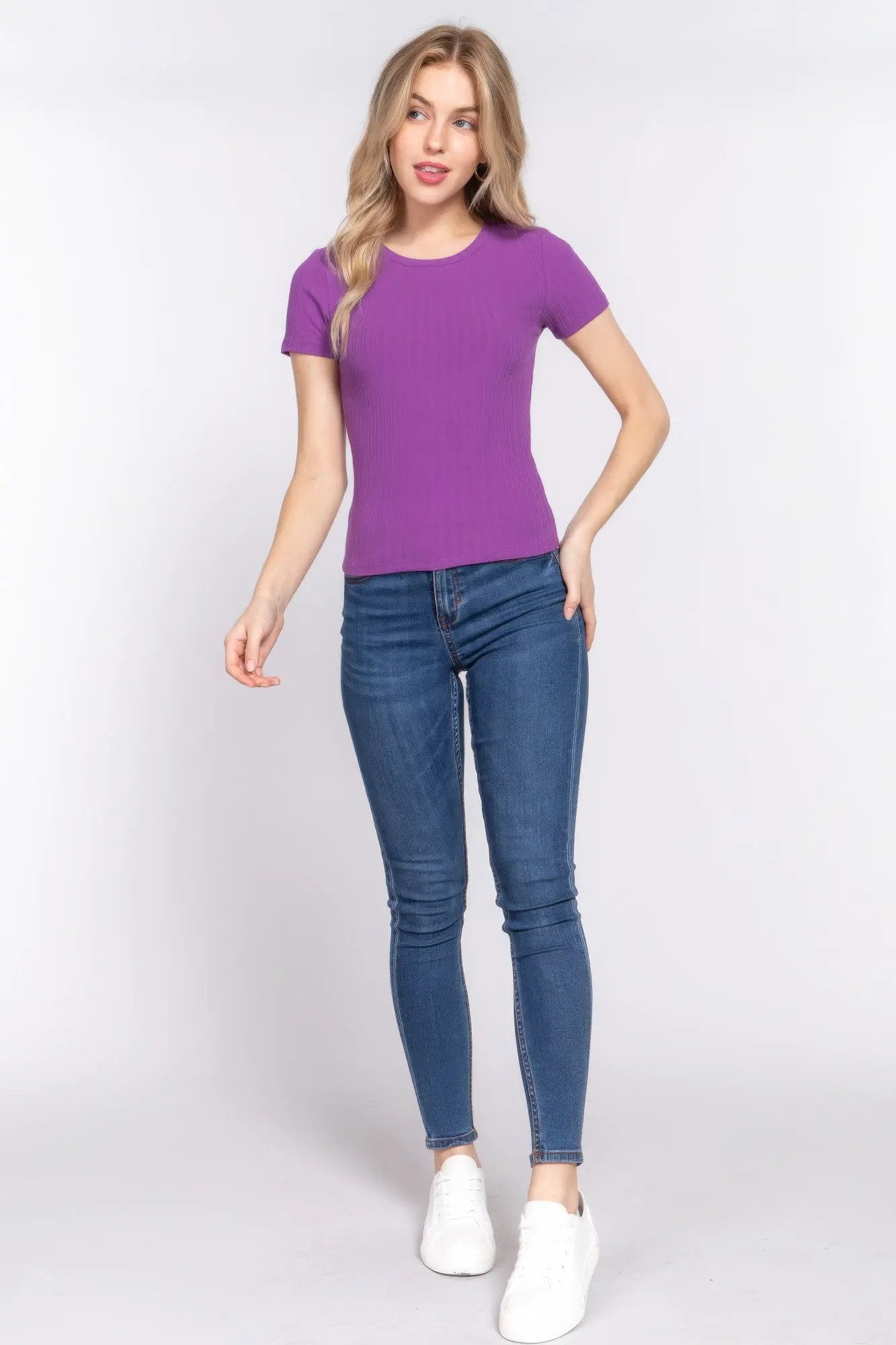Short Slv Crew Neck Variegated Rib Knit Top