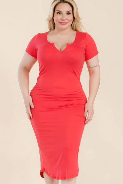 Plus Size Split Neck Bodycon Midi Dress - AMIClubwear