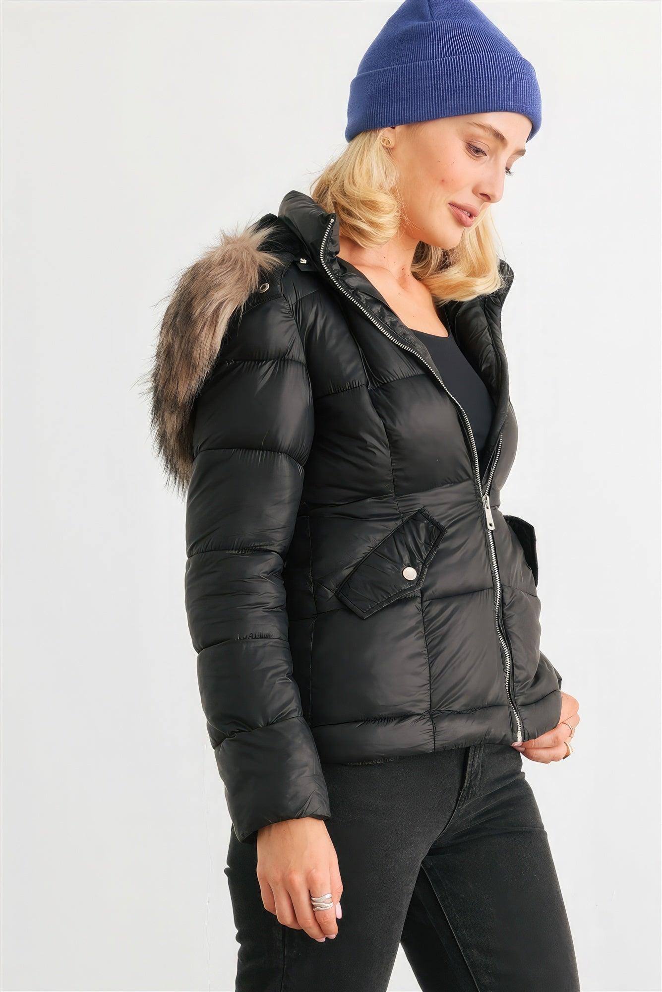 Long Sleeve Faux Fur Hood Padded Water Resistant Finish Jacket - AMIClubwear