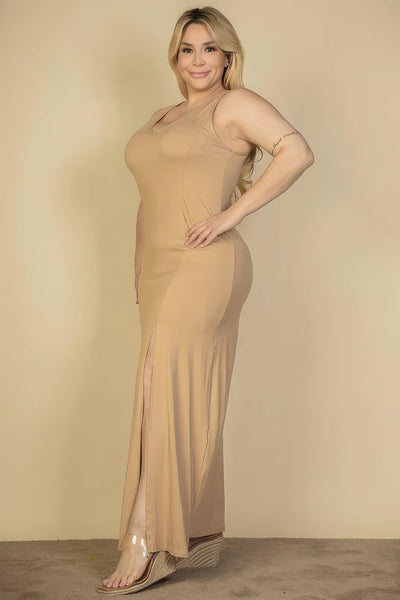 Plus Size Plunge Neck Thigh Split Maxi Dress - AMIClubwear