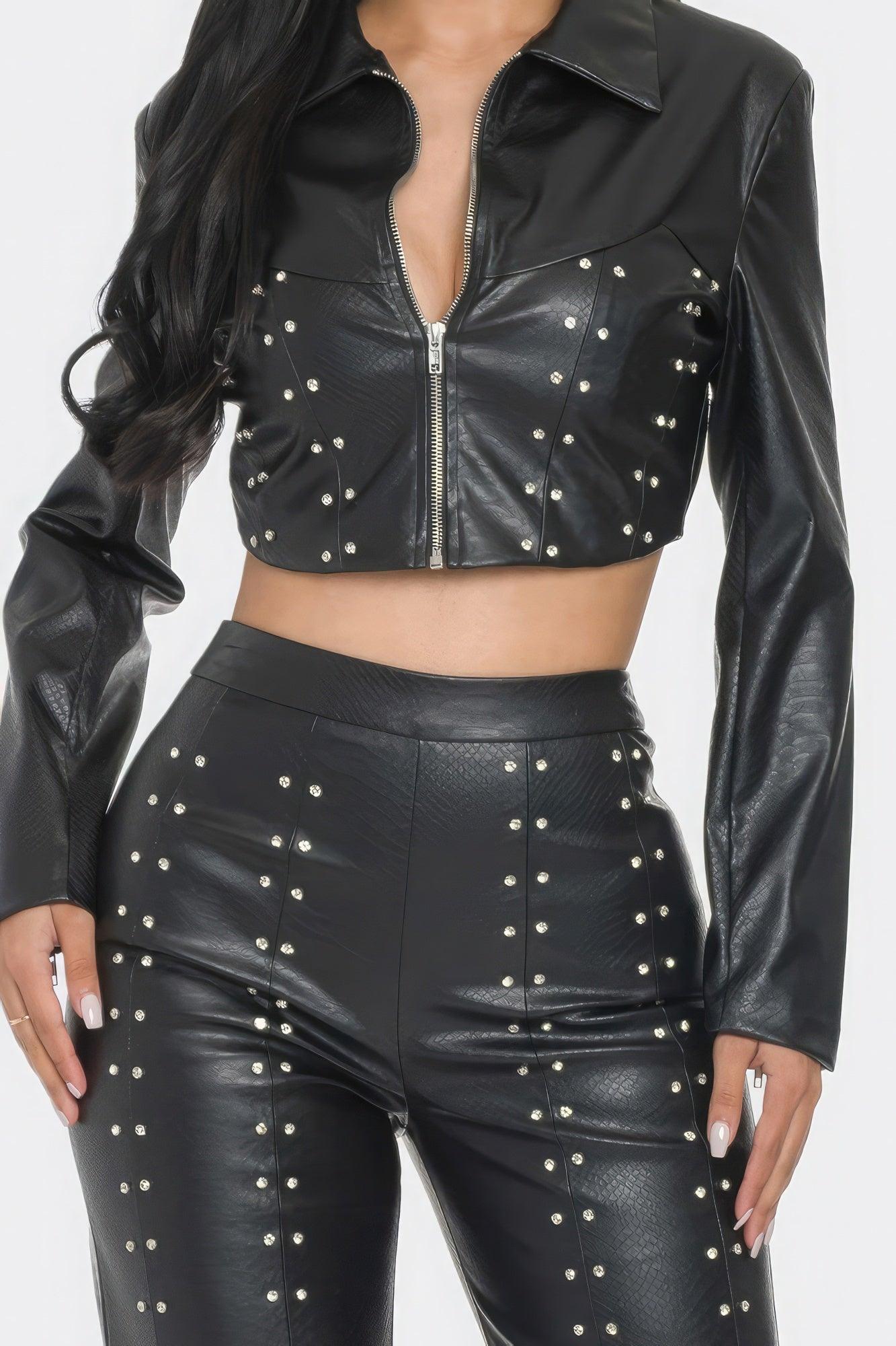 Faux Leather Set With Rhinestone Detail - AMIClubwear