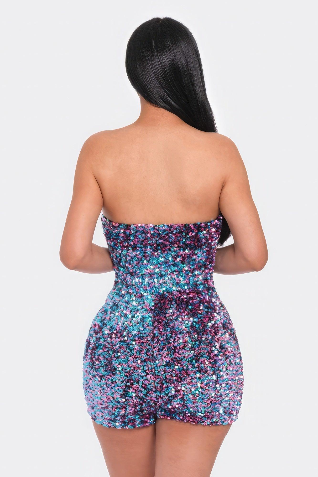 Multi Sequins Tube Top Romper - AMIClubwear