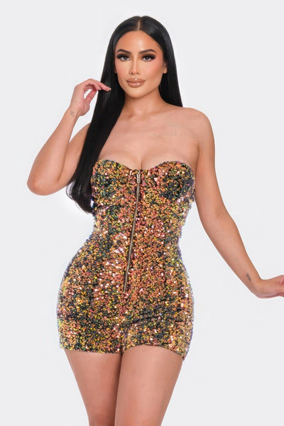 Multi Sequins Tube Top Romper - AMIClubwear