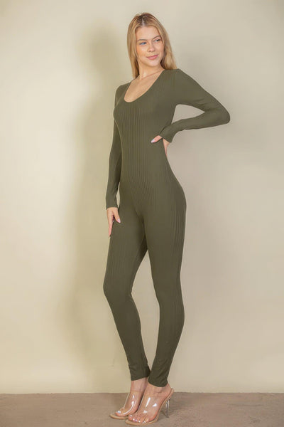 Ribbed Scoop Neck Long Sleeve Jumpsuit - AMIClubwear