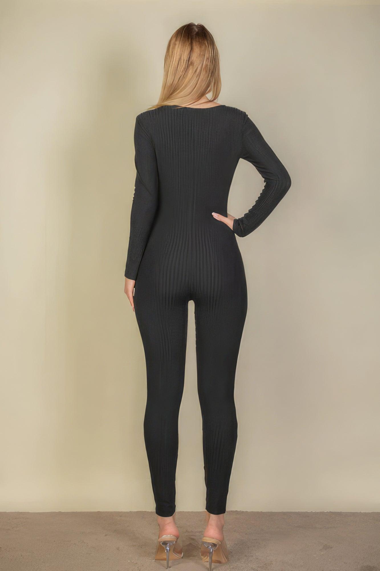 Ribbed Scoop Neck Long Sleeve Jumpsuit - AMIClubwear