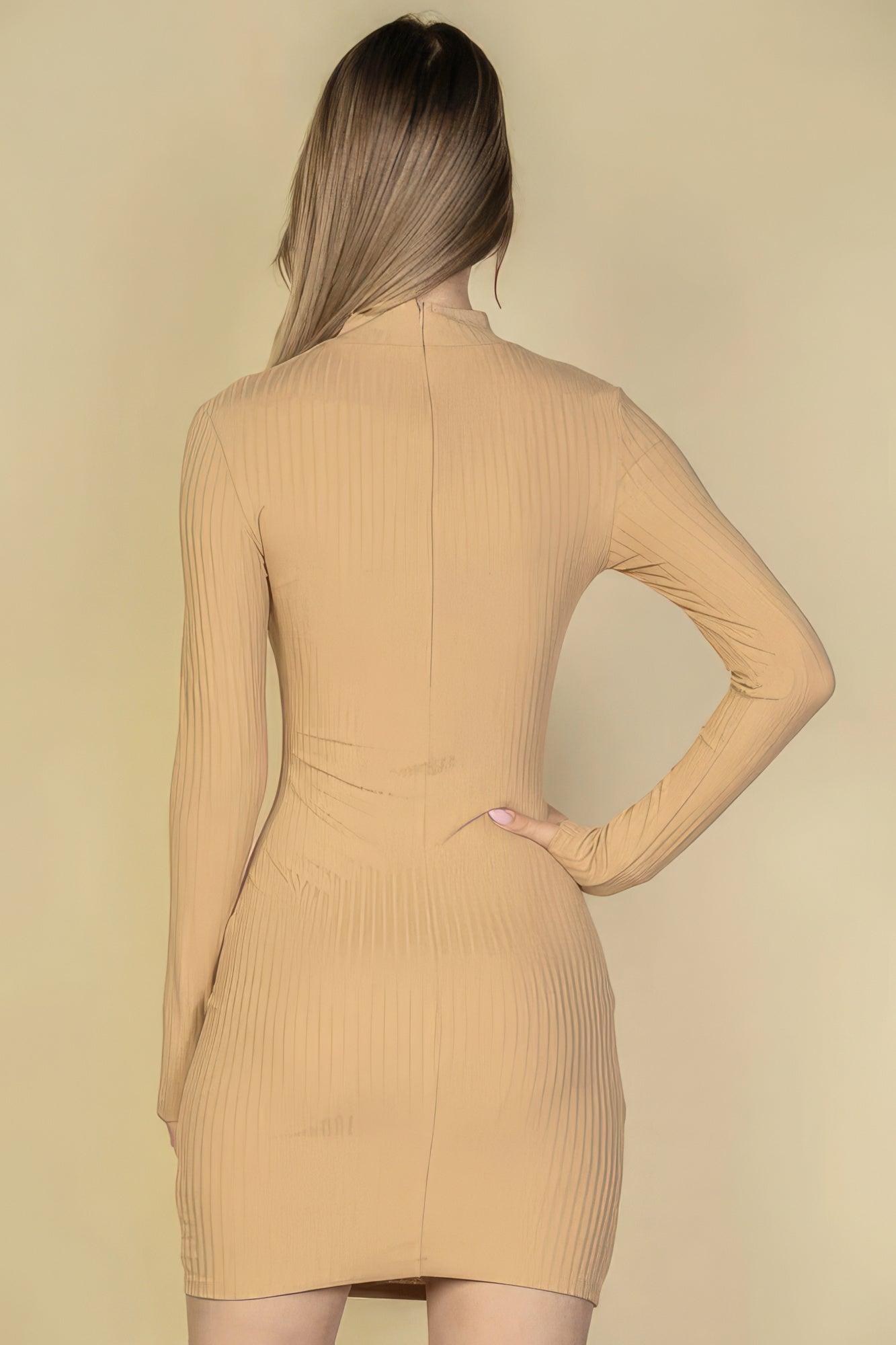 Ribbed Cut Out Front Long Sleeve Bodycon Mini Dress - AMIClubwear