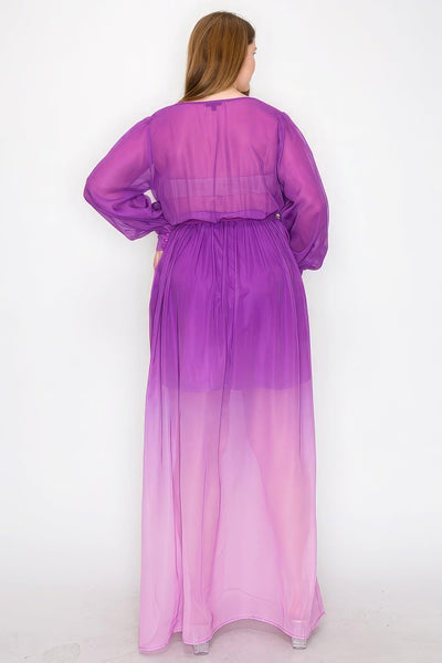 Ombre Chiffon Wrap Front Long Sleeve Tie Waist Slit Front Maxi Dress - AMIClubwear