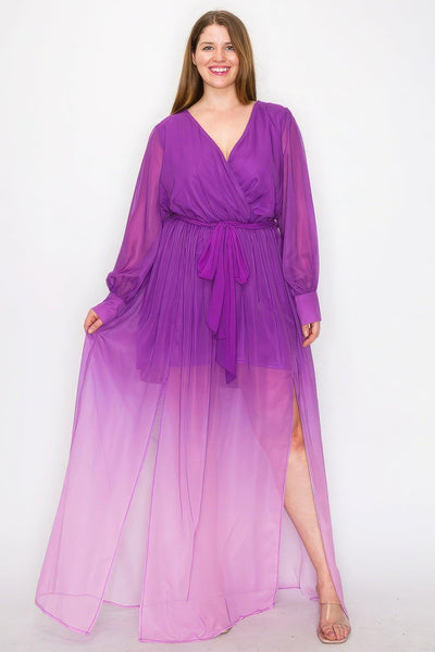 Ombre Chiffon Wrap Front Long Sleeve Tie Waist Slit Front Maxi Dress - AMIClubwear