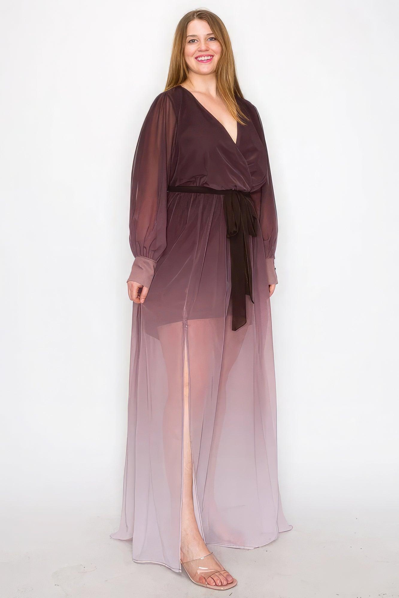 Ombre Chiffon Wrap Front Long Sleeve Tie Waist Slit Front Maxi Dress - AMIClubwear