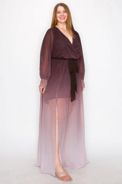 Ombre Chiffon Wrap Front Long Sleeve Tie Waist Slit Front Maxi Dress - AMIClubwear