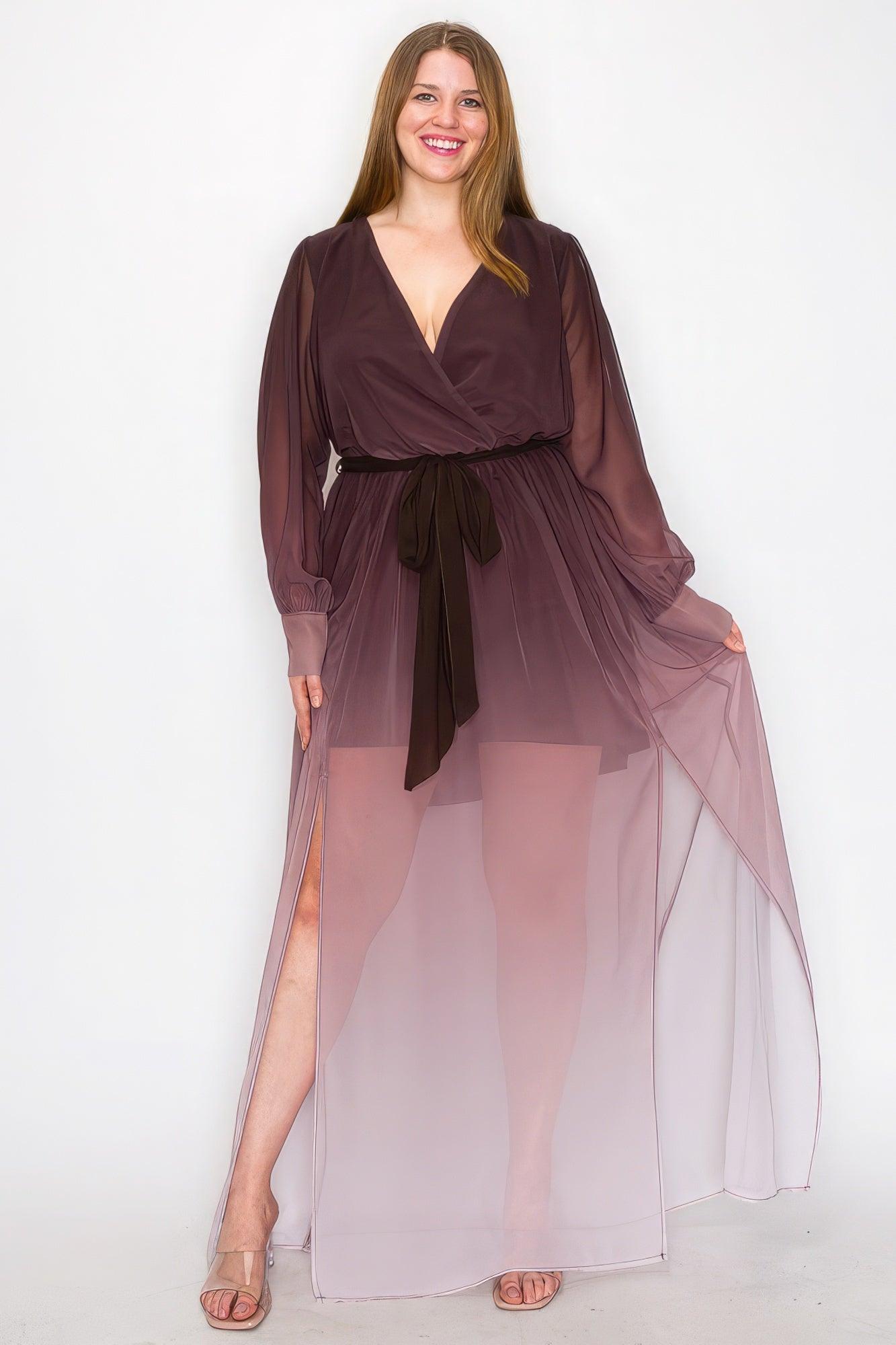 Ombre Chiffon Wrap Front Long Sleeve Tie Waist Slit Front Maxi Dress - AMIClubwear