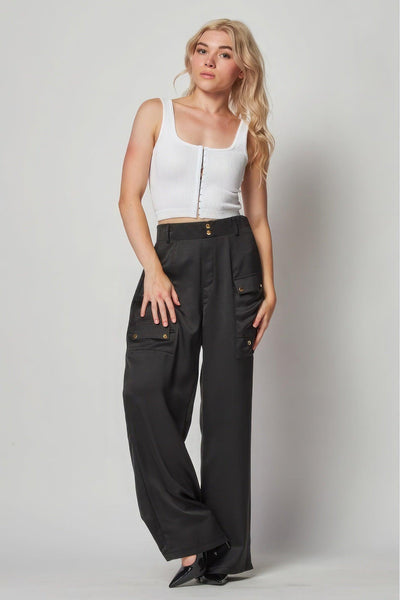 Satin Cargo Pocket Wide Leg Pants - AMIClubwear