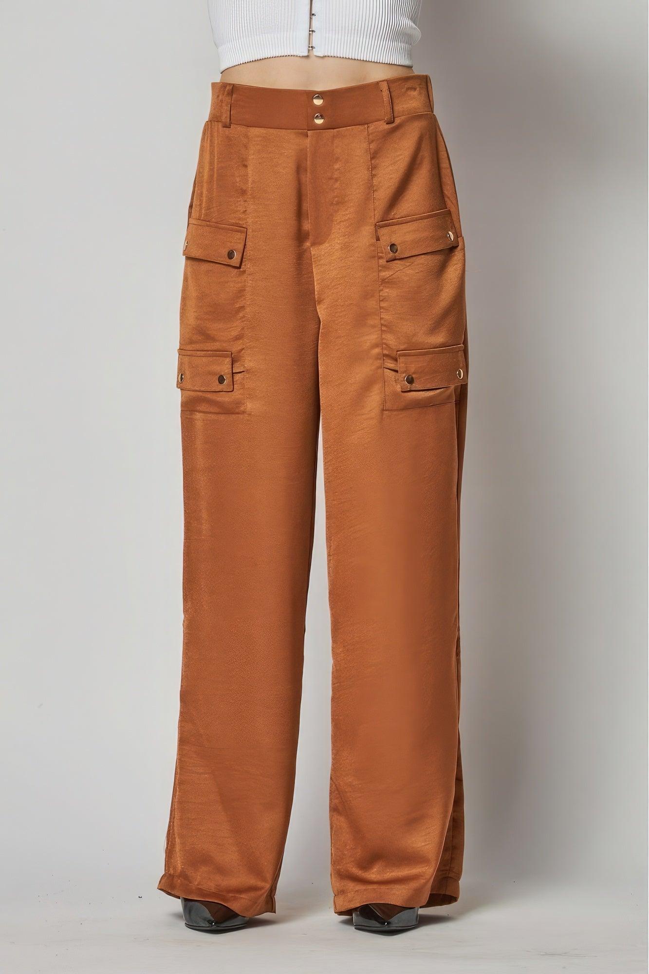 Satin Cargo Pocket Wide Leg Pants - AMIClubwear