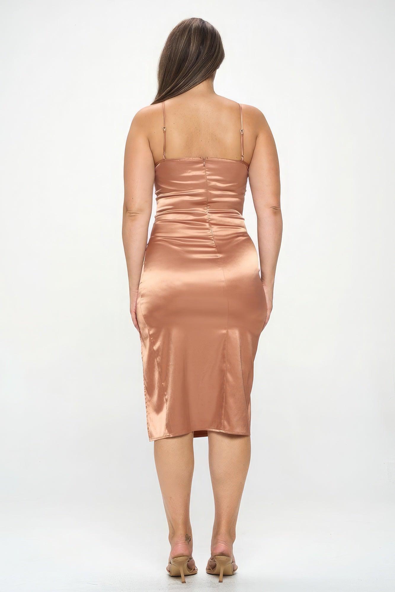 Plus Solid Satin Front Knot Bodycon Midi Dress - AMIClubwear