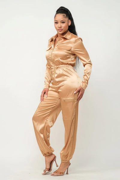 Front Zipper Pockets Top And Pants Jumpsuit - AMIClubwear