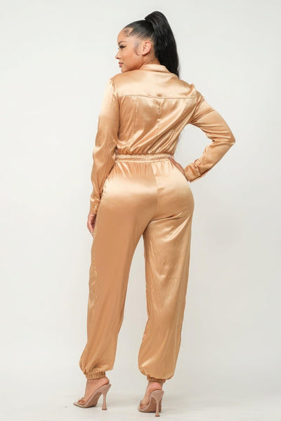 Front Zipper Pockets Top And Pants Jumpsuit - AMIClubwear