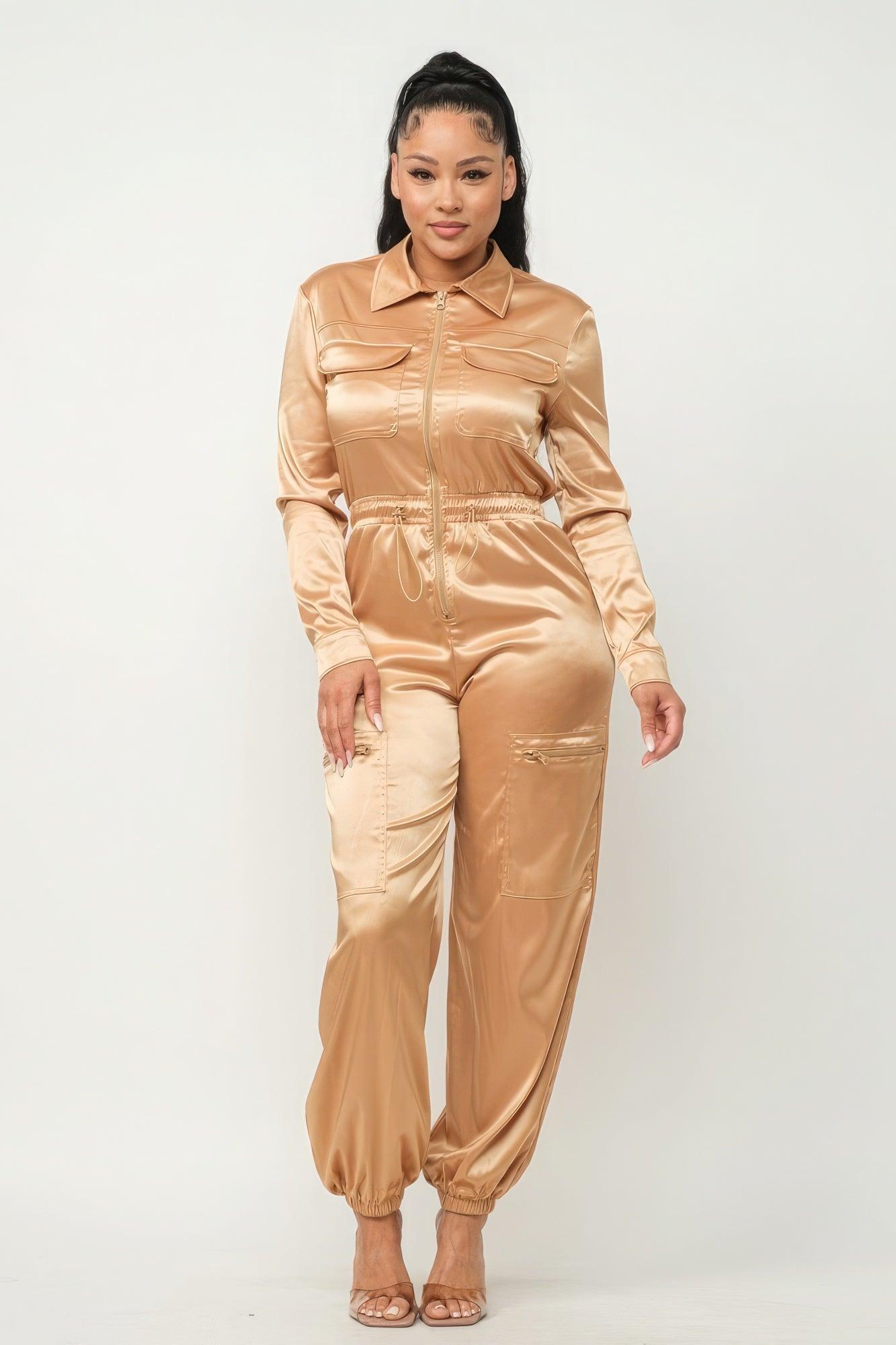 Front Zipper Pockets Top And Pants Jumpsuit - AMIClubwear