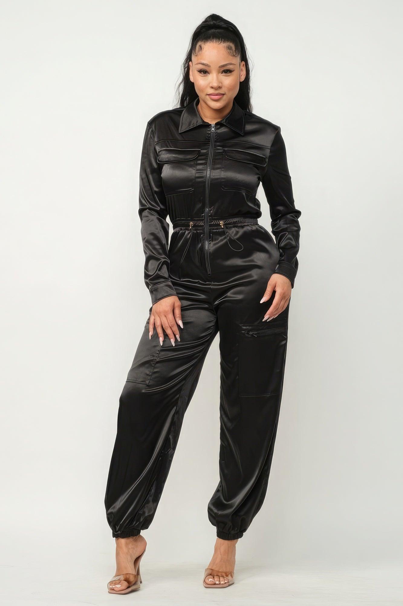 Front Zipper Pockets Top And Pants Jumpsuit - AMIClubwear