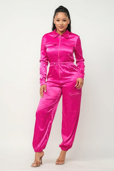 Front Zipper Pockets Top And Pants Jumpsuit - AMIClubwear