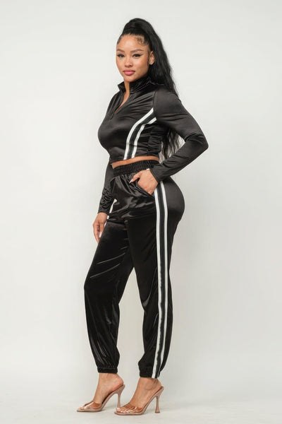 Front Zip Up Stripes Detail Jacket And Pants Set - AMIClubwear