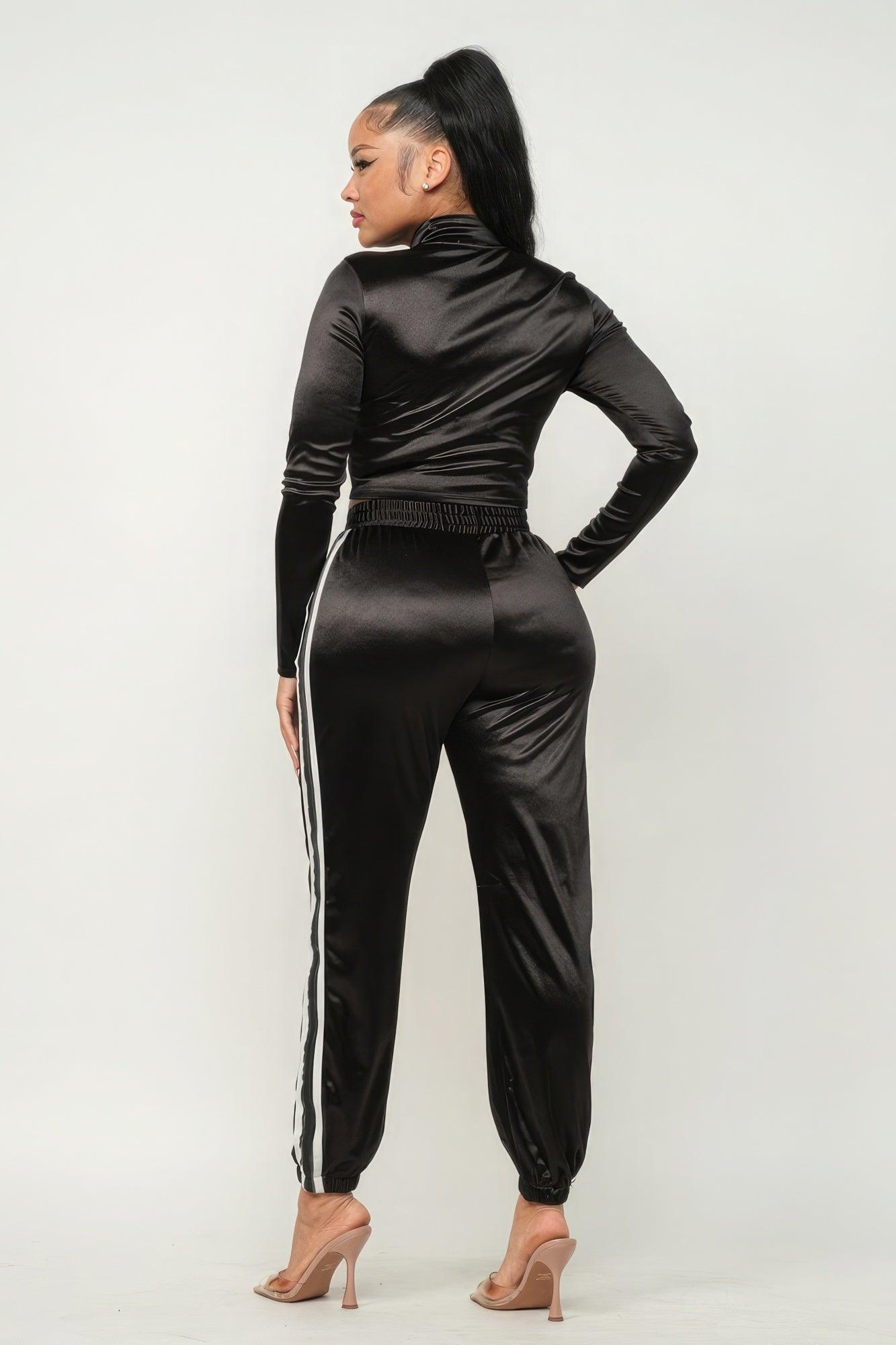 Front Zip Up Stripes Detail Jacket And Pants Set - AMIClubwear