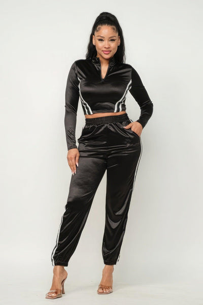 Front Zip Up Stripes Detail Jacket And Pants Set - AMIClubwear