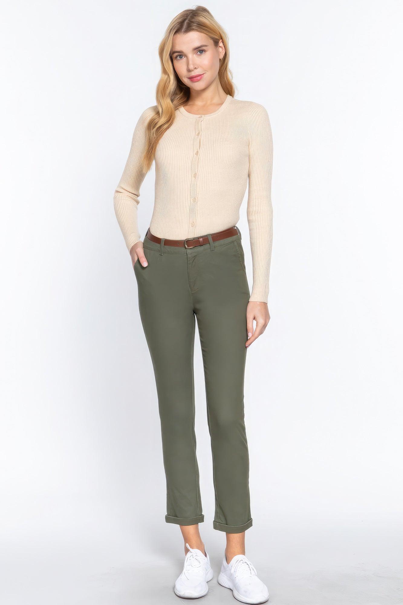 Cotton-span Twill Belted Long Pants - AMIClubwear