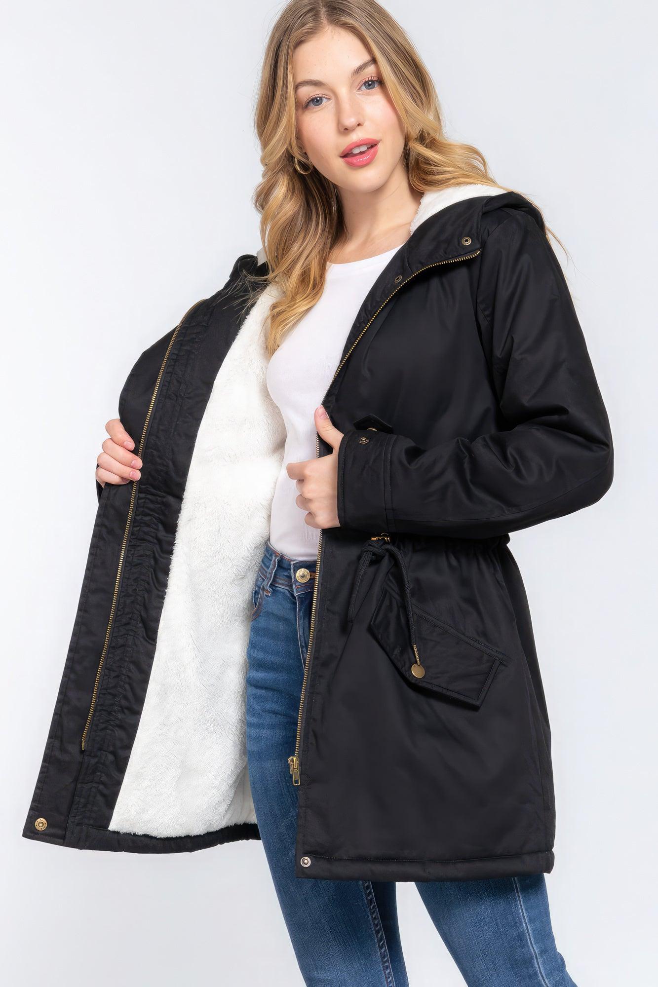 Fleece Lined Fur Hoodie Utility Jacket - AMIClubwear