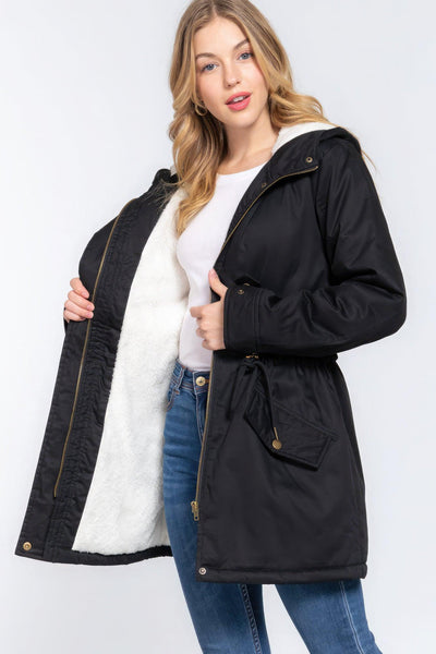 Fleece Lined Fur Hoodie Utility Jacket - AMIClubwear