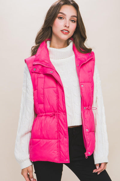 Zip Up Button Puffer Vest With Waist Toggles - AMIClubwear