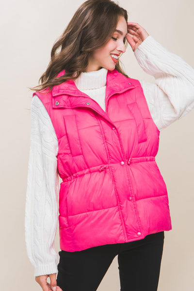 Zip Up Button Puffer Vest With Waist Toggles - AMIClubwear