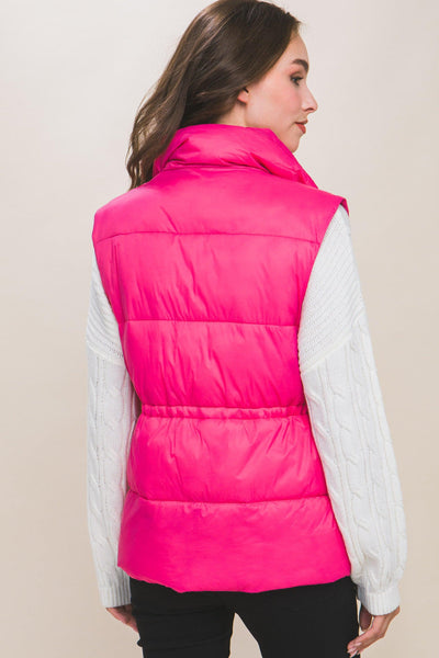 Zip Up Button Puffer Vest With Waist Toggles - AMIClubwear