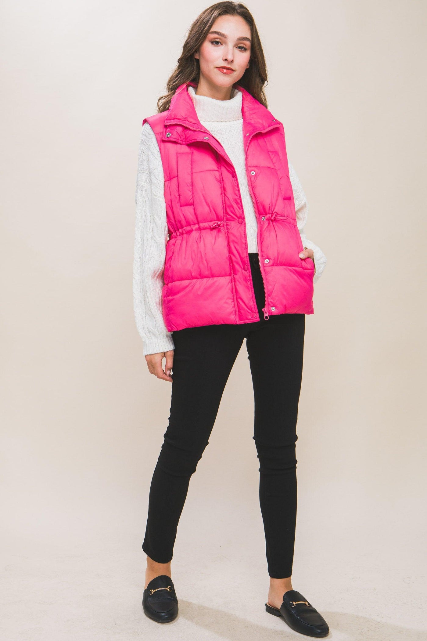 Zip Up Button Puffer Vest With Waist Toggles - AMIClubwear