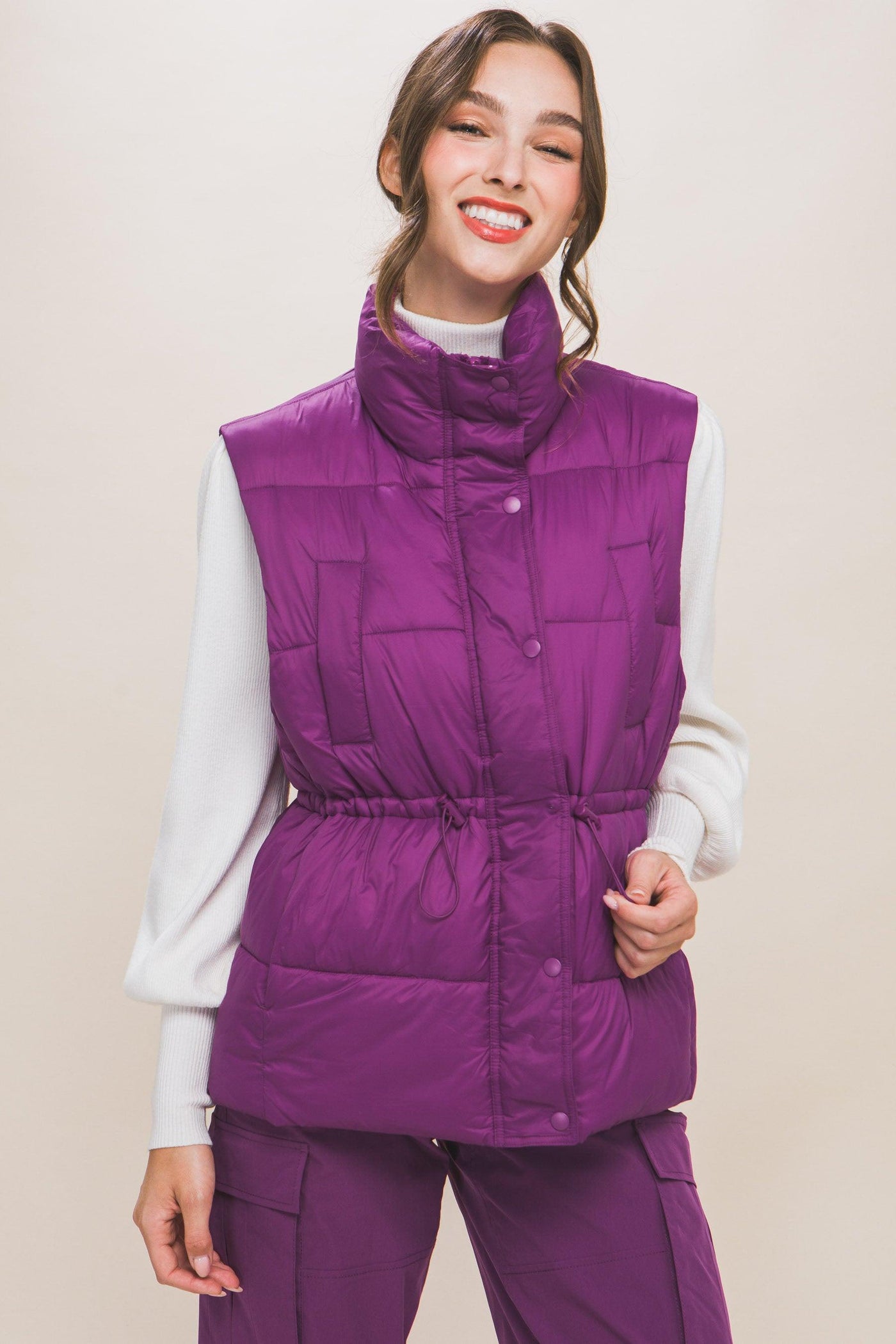 Zip Up Button Puffer Vest With Waist Toggles - AMIClubwear