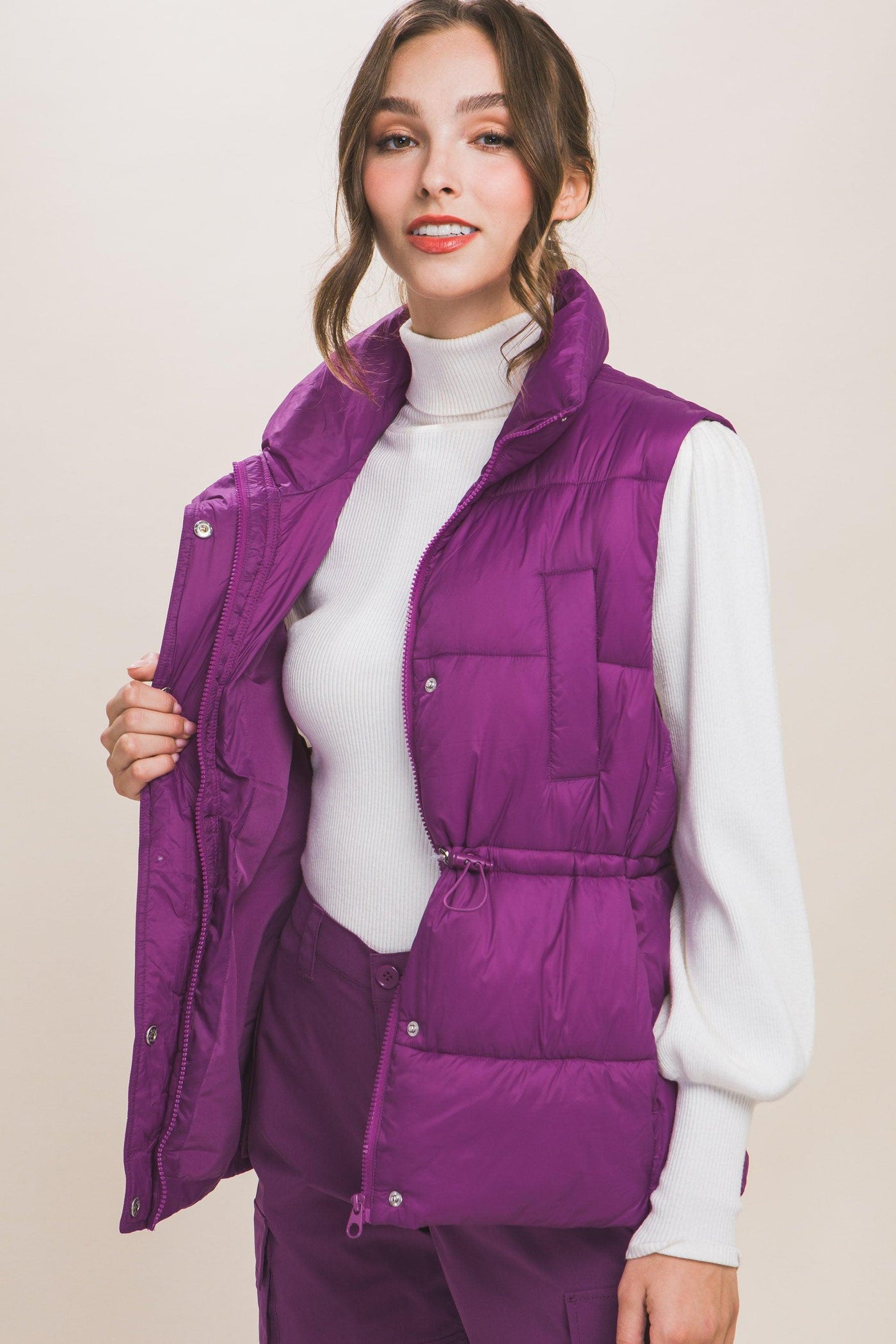 Zip Up Button Puffer Vest With Waist Toggles - AMIClubwear