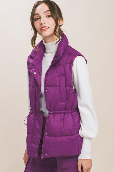 Zip Up Button Puffer Vest With Waist Toggles - AMIClubwear