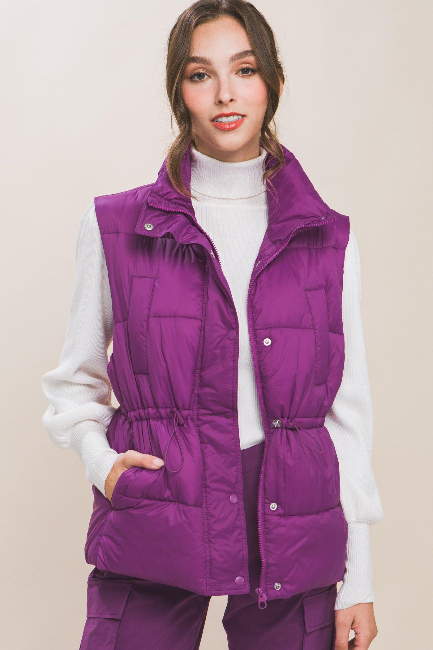 Zip Up Button Puffer Vest With Waist Toggles - AMIClubwear