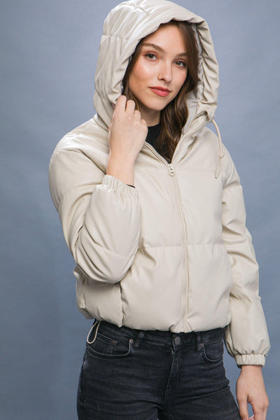 Pu Faux Leather Zipper Hooded Puffer Jacket - AMIClubwear