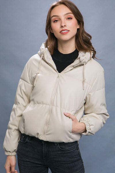 Pu Faux Leather Zipper Hooded Puffer Jacket - AMIClubwear