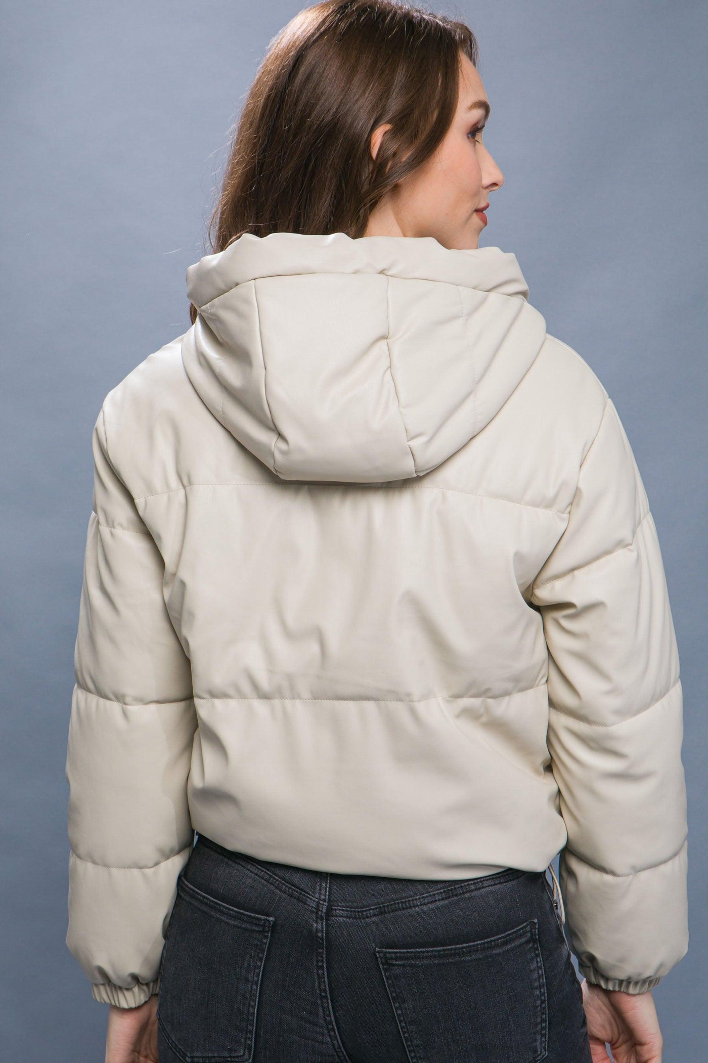 Pu Faux Leather Zipper Hooded Puffer Jacket - AMIClubwear