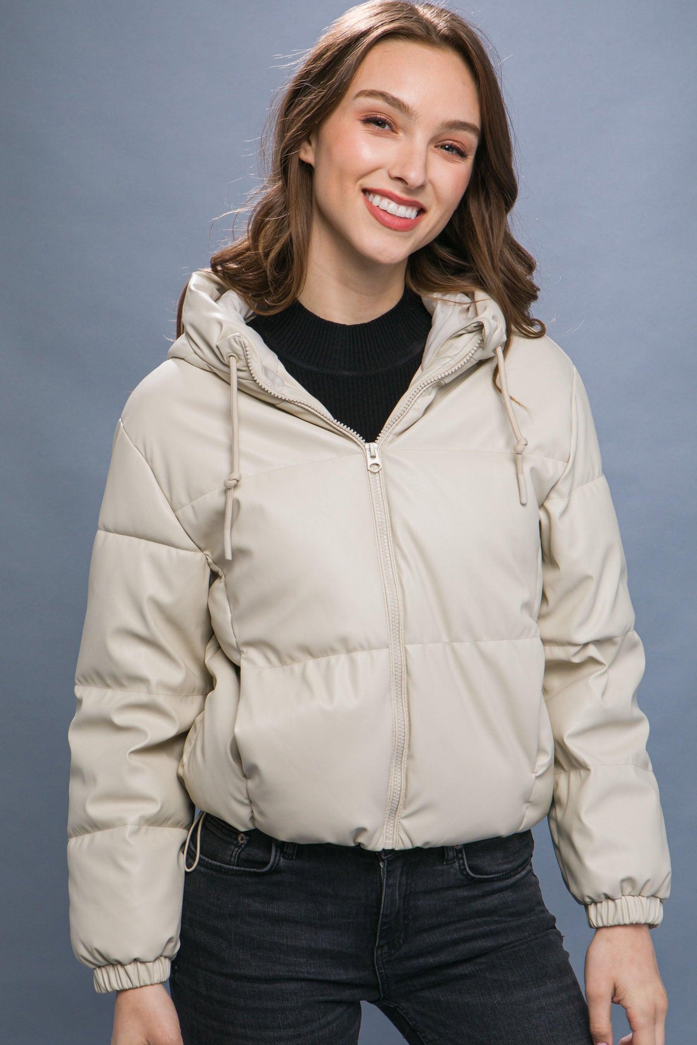 Pu Faux Leather Zipper Hooded Puffer Jacket - AMIClubwear