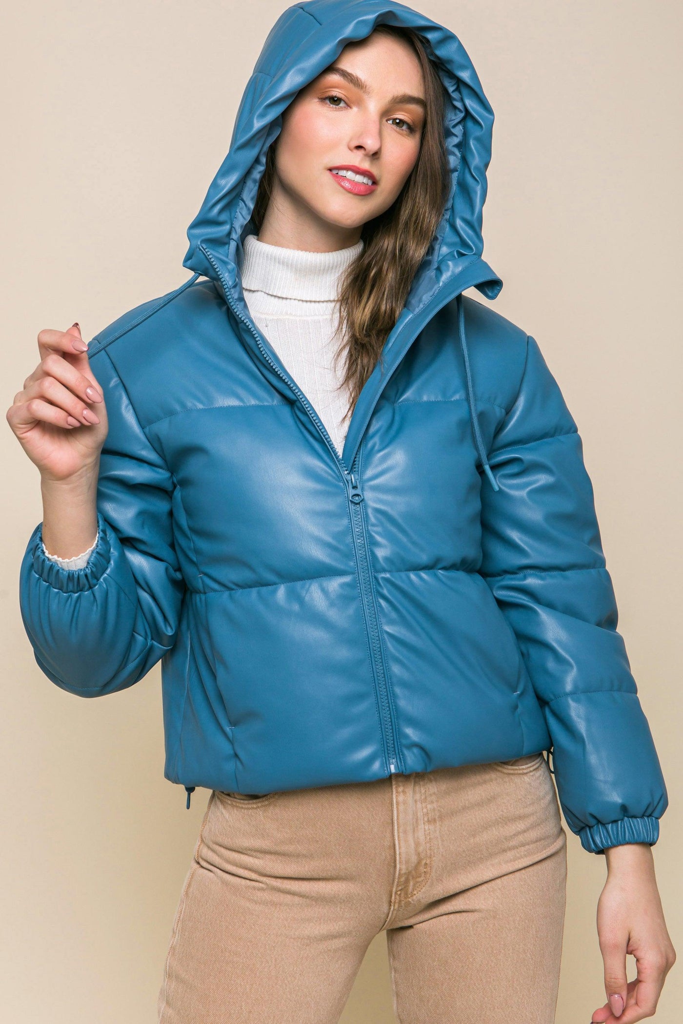 Pu Faux Leather Zipper Hooded Puffer Jacket - AMIClubwear