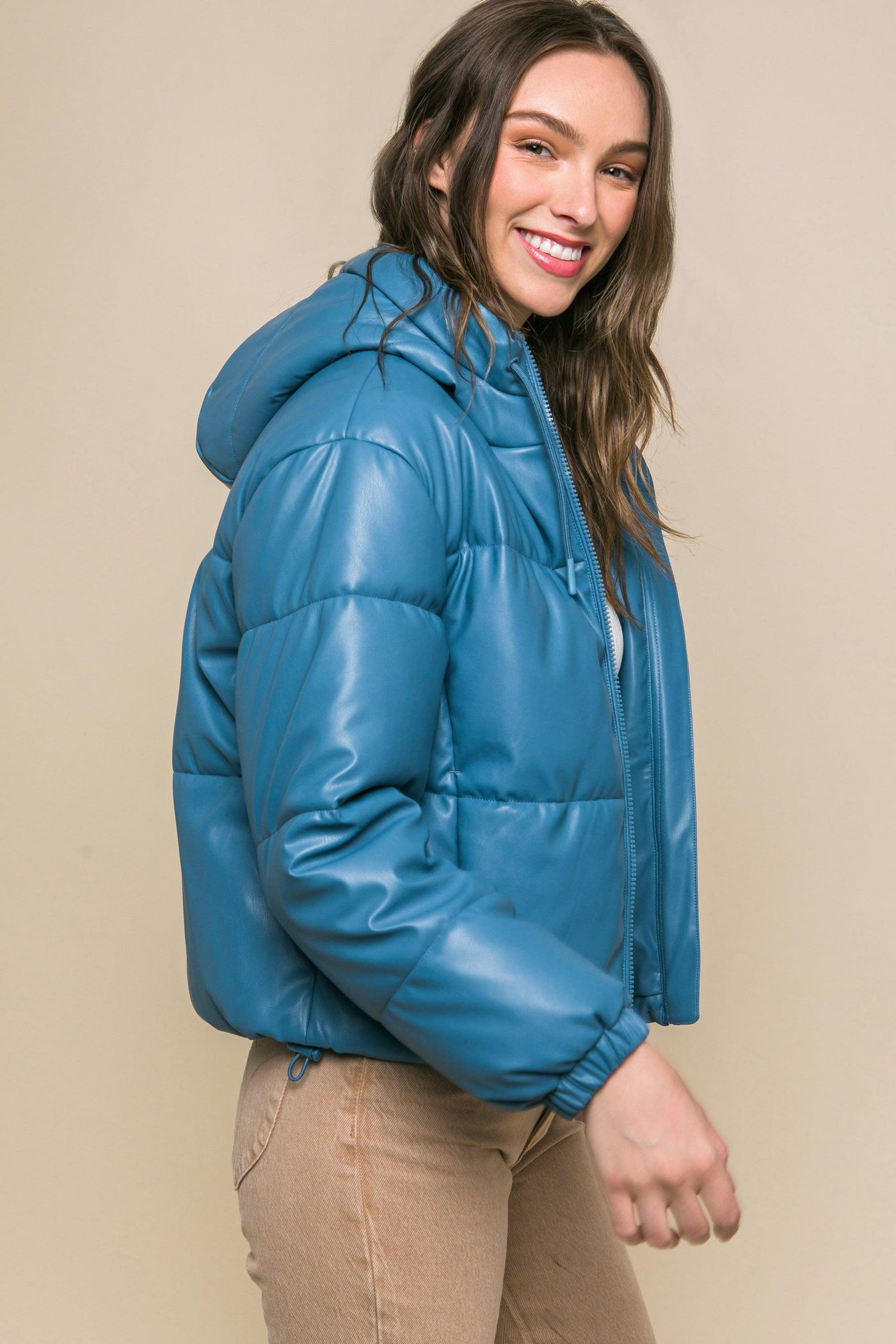 Pu Faux Leather Zipper Hooded Puffer Jacket - AMIClubwear