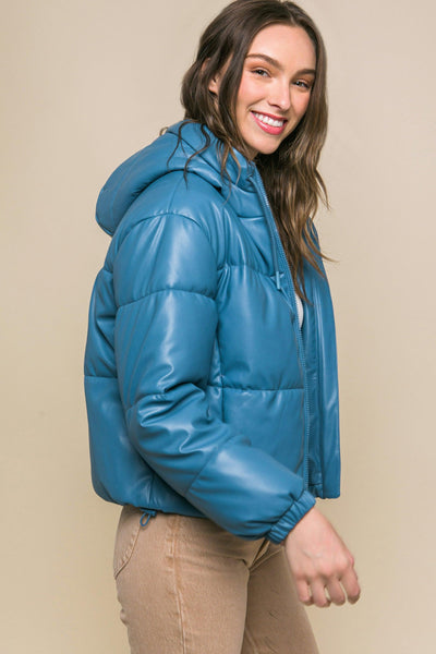 Pu Faux Leather Zipper Hooded Puffer Jacket - AMIClubwear